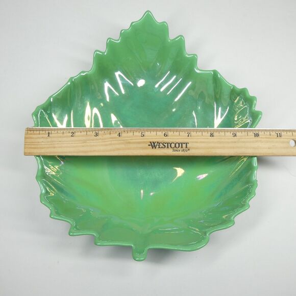 Lettuce Shaped Glass Bowl Green Iridescent Cabbage Leaf Vintage Dish - Picture 9 of 11